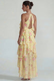 Blue Pink Printed Flower Halter Tiered Chiffon A Line Midi Dress with Ruffles