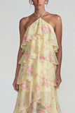 Blue Pink Printed Flower Halter Tiered Chiffon A Line Midi Dress with Ruffles