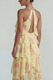 Blue Pink Printed Flower Halter Tiered Chiffon A Line Midi Dress with Ruffles