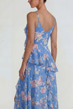 Ruffled Pink A Line Chiffon Floral Maxi Dress with Slit