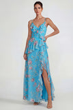 Ruffled Pink A Line Chiffon Floral Maxi Dress with Slit