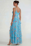 Ruffled Pink A Line Chiffon Floral Maxi Dress with Slit
