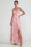 Ruffled Pink A Line Chiffon Floral Maxi Dress with Slit