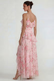 Ruffled Pink A Line Chiffon Floral Maxi Dress with Slit
