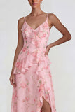 Ruffled Pink A Line Chiffon Floral Maxi Dress with Slit
