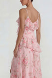 Ruffled Pink A Line Chiffon Floral Maxi Dress with Slit