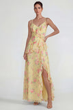 Ruffled Pink A Line Chiffon Floral Maxi Dress with Slit