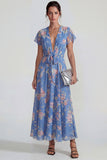 Blue Deep V Neck Pink Floral A Line Chiffon Maxi Dress with Bowknot