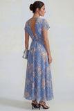 Blue Deep V Neck Pink Floral A Line Chiffon Maxi Dress with Bowknot