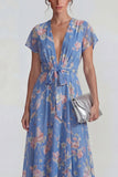 Blue Deep V Neck Pink Floral A Line Chiffon Maxi Dress with Bowknot