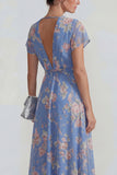 Blue Deep V Neck Pink Floral A Line Chiffon Maxi Dress with Bowknot