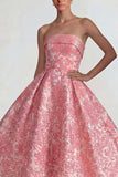 Blush Jacquard Strapless A Line Midi Dress