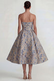 Grey Blue Jacquard Strapless A Line Midi Dress with Back Zipper