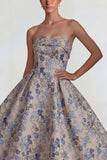 Grey Blue Jacquard Strapless A Line Midi Dress with Back Zipper
