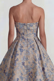 Grey Blue Jacquard Strapless A Line Midi Dress with Back Zipper