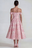 Pink Jacquard Off the Shoulder Corset A Line Midi Dress