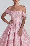 Pink Jacquard Off the Shoulder Corset A Line Midi Dress