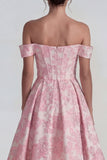 Pink Jacquard Off the Shoulder Corset A Line Midi Dress