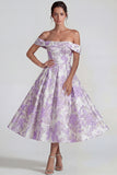 Lilac Jacquard Off the Shoulder A Line Midi Dress