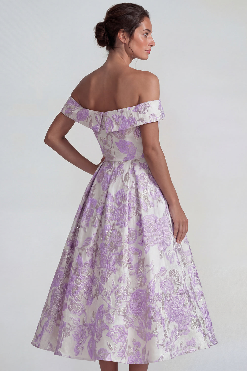 ZAPAKA Women Lilac Jacquard Midi Dress Off the Shoulder A Line Wedding  Guest Dress
