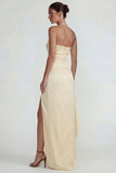 Light Yellow Satin Ruched Strapless Sheath Ruffled Long Formal Dress with Slit