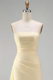 Strapless Light Yellow Sheath Ruffled Ruched Long Bridesmaid Dress with Slit