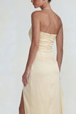 Light Yellow Satin Ruched Strapless Sheath Ruffled Long Formal Dress with Slit