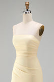 Strapless Light Yellow Sheath Ruffled Ruched Long Bridesmaid Dress with Slit