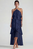 Blue Ruffled Halter Tiered A Line Chiffon Dress