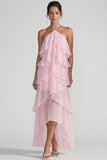 Blue Ruffled Halter Tiered A Line Chiffon Dress