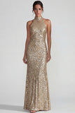 Sparkly Golden Halter Sequins Sheath Long Formal Dress