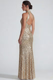 Sparkly Golden Halter Sequins Sheath Long Formal Dress