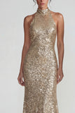 Sparkly Golden Halter Sequins Sheath Long Formal Dress