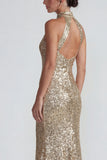 Sparkly Golden Halter Sequins Sheath Long Formal Dress