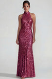 Sparkly Golden Halter Sequins Sheath Long Formal Dress