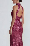 Sparkly Golden Halter Sequins Sheath Long Formal Dress