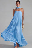 Blue Strapless Chiffon Pleated A Line Long Formal Dress with Ribbon