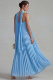 Blue Strapless Chiffon Pleated A Line Long Formal Dress with Ribbon