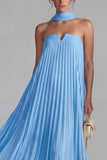 Blue Strapless Chiffon Pleated A Line Long Formal Dress with Ribbon
