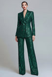 Dark Green Sequins Peak Lapel 2 Piece Double Breasted Women's Prom Suits