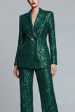 Dark Green Sequins Peak Lapel 2 Piece Double Breasted Women's Prom Suits