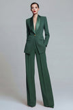 Dark Green Shawl Lapel 2 Piece Women's Work Suits with Pockets
