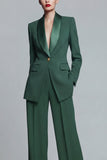 Dark Green Shawl Lapel 2 Piece Women's Work Suits with Pockets