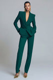 Women's Dark Green Peak Lapel 2-piece Work Suits with Belt
