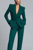 Women's Dark Green Peak Lapel 2-piece Work Suits with Belt