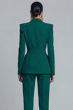 Women's Dark Green Peak Lapel 2-piece Work Suits with Belt