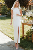 White Sheath Lace Cap Sleeves Long Wedding Dress with Slit