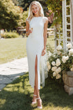 White Sheath Lace Cap Sleeves Long Wedding Dress with Slit