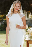 White Sheath Lace Cap Sleeves Long Wedding Dress with Slit