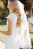 White Sheath Lace Cap Sleeves Long Wedding Dress with Slit